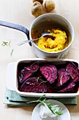 Baked beetroot with potato and carrot mash
