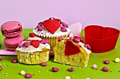 Heart-shaped cupcakes and strawberry macaroons
