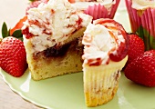 Close Up of a Halved Strawberry Shortcake Cupcake