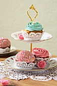 Various cupcakes on a cake stand