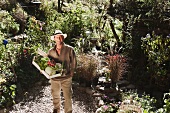 Mann mit einer Gemüsekiste im Garten
