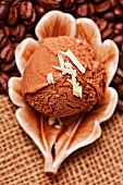 A scoop of chocolate ice cream with lots of coffee beans, topped with white chocolate, viewed from above