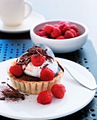 Individual chocolate torte with cream and raspberries