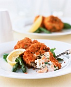 Salmon fritters with herbs and asparagus