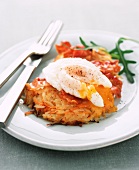 Potato and carrot fritter topped with a poached egg
