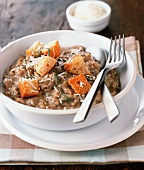 Mushroom risotto with herbs and croutons