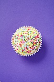Cupcake with Pink Frosting and Colorful Candy Sprinkles