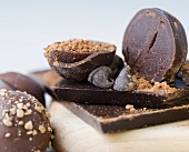 Closeup of chocolates on cutting board
