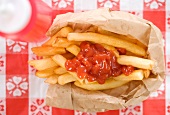 High angle view of French fries and ketchup