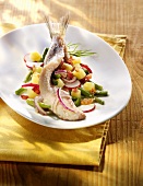 Young herring with potato salad, radishes and green beans