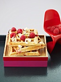 Waffles with raspberries and white chocolate