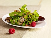 Green salad with pan fried mushrooms, raspberries and raspberry dressing
