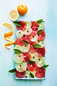 Slices of orange and pink grapefruit salad garnished with pomegranate seeds and mint on tray