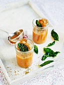 Cold tomato soup with basil and pancetta