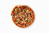 Veggie Pizza Sliced Once on a White Background; From Above