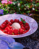 Vanilla ice cream with strawberries and strawberry sauce