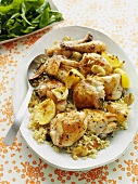 Lemon and curry chicken on rice-shaped pasta