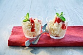 Coconut rice pudding with raspberry purée