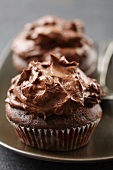A chocolate cupcake with chocolate topping