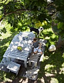 View down onto child and dog in dining area in sunny garden