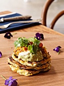 Coriander and sweetcorn pancakes with salsa and sour cream