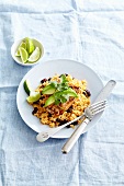 Rice with beans, marinated chicken and avocado