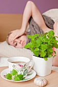 An ill woman lying in bed, with a teacup, fresh lemon balm, and a bulb of garlic