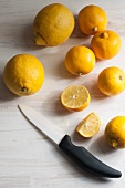 Bergamots and meyer lemons, whole and cut, with a ceramic knife on a white wooden background