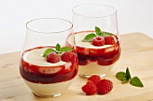Two glasses with yogurt - quark creme with razberries as dessert, selective focus