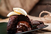 Chocolate melting middle pudding with vanilla ice cream and chocolate pieces