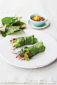 Spicy vegetable and salad wraps with a dip made from apricots, peaches and plums