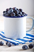 Lots of blueberries in an enamel mug