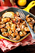 Garlic, Lemon and Parsley Shrimp in an Iron Skillet with a Fork