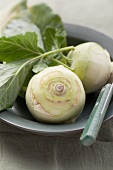 Two kohlrabi in a bowl with a knife