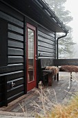 Herbstnebel über Holzhaus mit Terrasse und Holzbank übereck