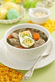 Zurek (Polish ryemeal soup) with sausage and egg for Easter
