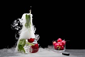 Radishes in a chemistry flask with dry ice