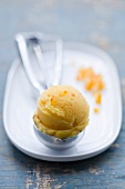 Clementine ice cream in an ice cream scoop