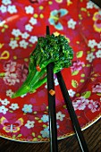 Broccoli with ginger and soy sauce on chopsticks