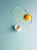 A raw egg on a pale blue surface