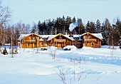 Terrace log cabins in snowy winter landscape