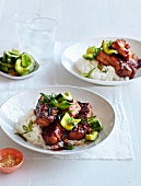 Pork ribs in hoisin sauce with a cucumber and ginger salad