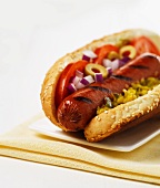 A hot dog with tomatoes, onions and relish