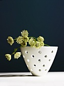 Dried flowers in perforated ceramic bowl