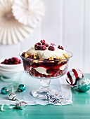 Christmas trifle made with Madeira cake, cream and raspberries