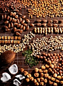Assorted nuts on a brown raffia mat