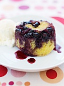 Individual Blueberry Upside Down Cake with a Scoop of Ice Cream