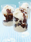 Cups of Vanilla Ice Cream with Chocolate Covered Raisins and Chocolate Sauce