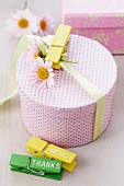 Gift box decorated with daisies and mottoes on clothes pegs