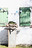Gesammelte Treibholzstücke als Pflanzgefäss arrangiert auf rostigem Zinkeimer vor alter Bauernhausfassade